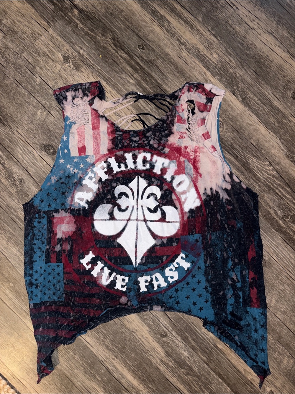 Affliction Live Fast Distressed Flag Crop Tank - Red, Blue, White large